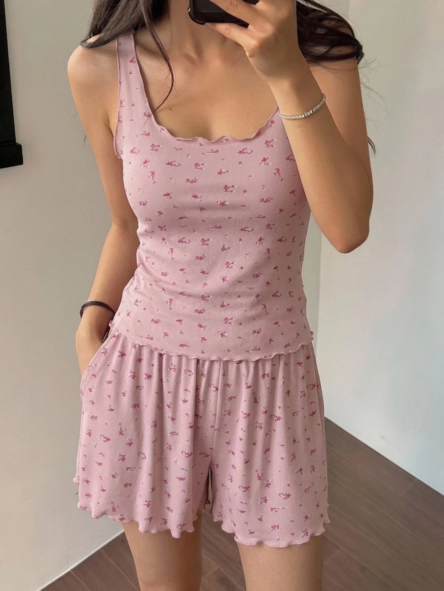 DAZY Ditsy Floral Print Lettuce Trim PJ Set - Pink - View 1