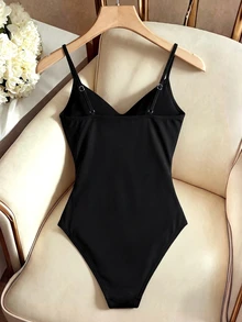 Selianne Draped Collar Ruched Cami Bodysuit Party Club Black Summer Sexy - Black - View 2