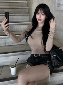 DAZY Solid Off Shoulder Cut Out Detail Slim Fit Crop Tee - Khaki - View 1