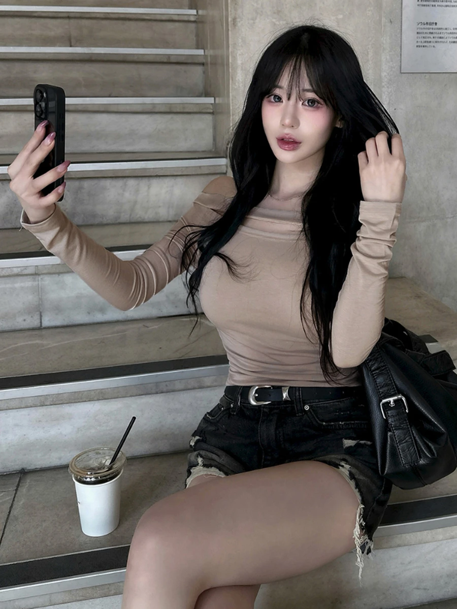 DAZY Solid Off Shoulder Cut Out Detail Slim Fit Crop Tee - Khaki - View 1