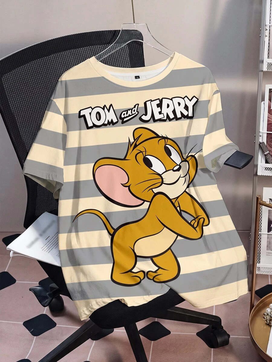 TOM & JERRY X SHEIN 大尺碼對比條紋卡通與字母圖案 T 恤 - 白色 - 查看 1