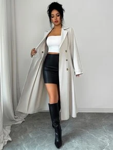 Elenzga Double Breasted Lapel Neck Coat - Grey - View 3