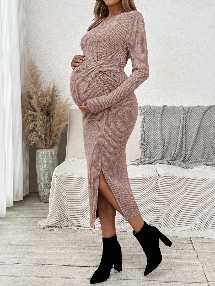 SHEIN Maternity Solid Color Pleated Slit Design Casual Everyday Summer Dress - Dusty Pink - View 1