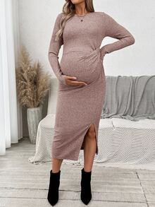 SHEIN Maternity Solid Color Pleated Slit Design Casual Everyday Summer Dress - Dusty Pink - View 4