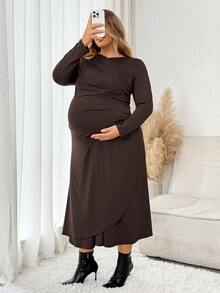 Plussiva فستان أمومة كاجوال بأكمام طويلة مجعد بلون موحد مقاس كبير - بني - مشاهدة 5