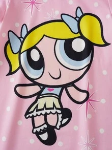 THE POWERPUFF GIRLS X SHEIN 少女卡通印花休閒日常居家短袖睡裙 - 粉色 - 查看 4