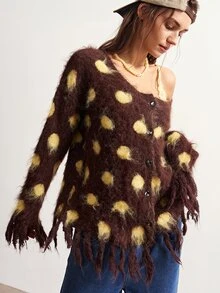 Bohemela Polka Dot Pattern Fringe Trim Drop Shoulder Sweater - Coffee Brown - View 7