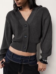 MERLEAU-F Solid Drop Shoulder Button Placket Hooded Crop Cardigan,Long Sleeve Tops For Women,Office Travel Vacation Casual,Work Autumn Sweaters Grey - Dark Grey - View 3