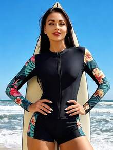 Swim SPRTY مجموعة راش جارد بطبعة استوائية بوهيمية شاطئية بسحاب أمامي وأكمام طويلة - متعدد الألوان - مشاهدة 6