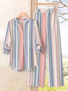 Rusticease Block Striped Roll Tab Sleeve Blouse & Wide Leg Pants - Multicolor - View 1
