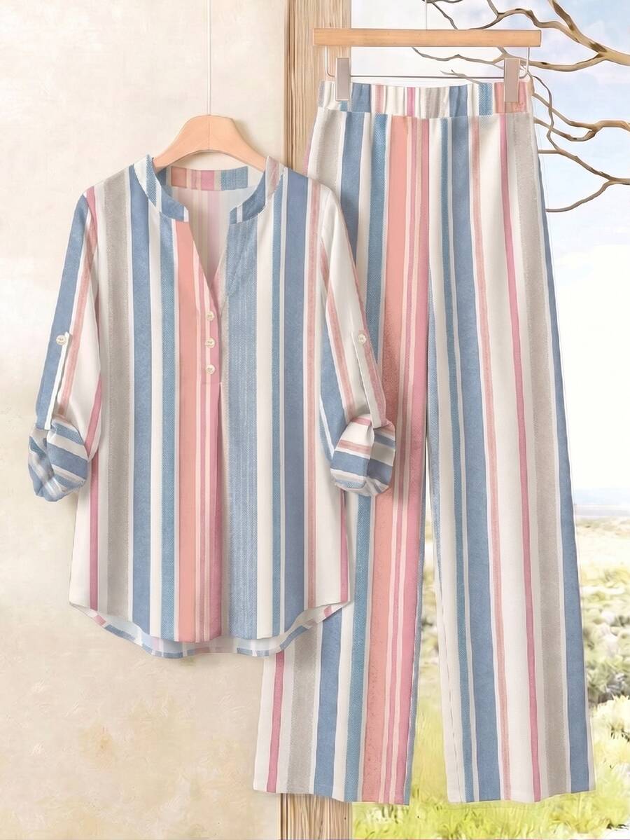 Rusticease Block Striped Roll Tab Sleeve Blouse & Wide Leg Pants - Multicolor - View 1