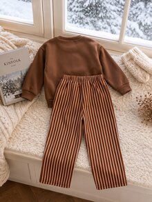 SHEIN 女童連帽衛衣套裝 幼兒生日 棕色 秋季 - 棕色 - 查看 2