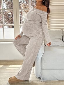 SHEIN 孕婦純色不對稱肩長袖T恤與可調腰長褲兩件套 - 杏色 - 查看 5