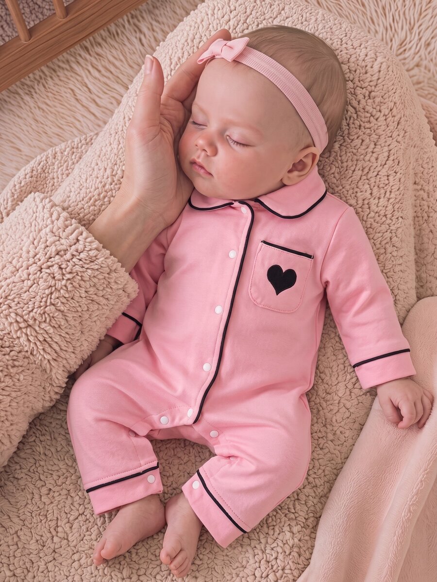 SHEIN Newborn Baby Embroidery Heart Pattern Contrast Piping Pajama Jumpsuit - Pink - View 1