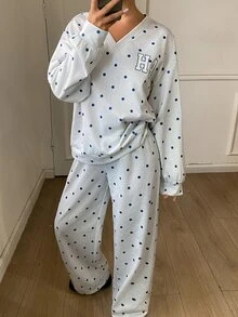 Livesso Letter And Polka Dot Print Drop Shoulder PJ Set - Grey - View 3