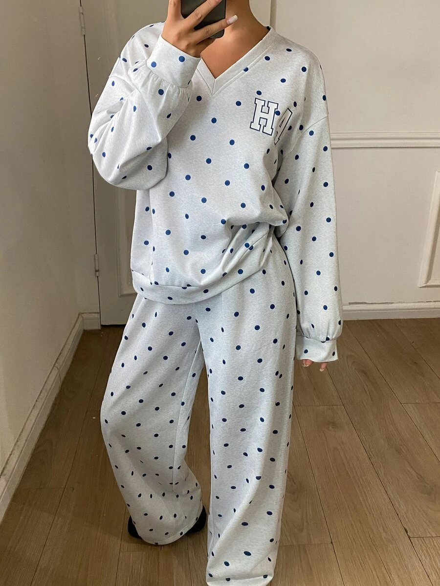 Livesso Letter And Polka Dot Print Drop Shoulder PJ Set - Grey - View 1