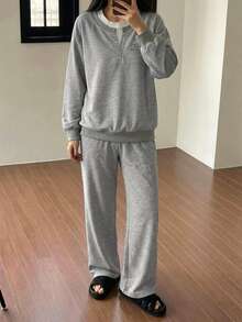 DAZY Colorblock 2 In 1 Drop Shoulder PJ Set Fall - Grey - View 1