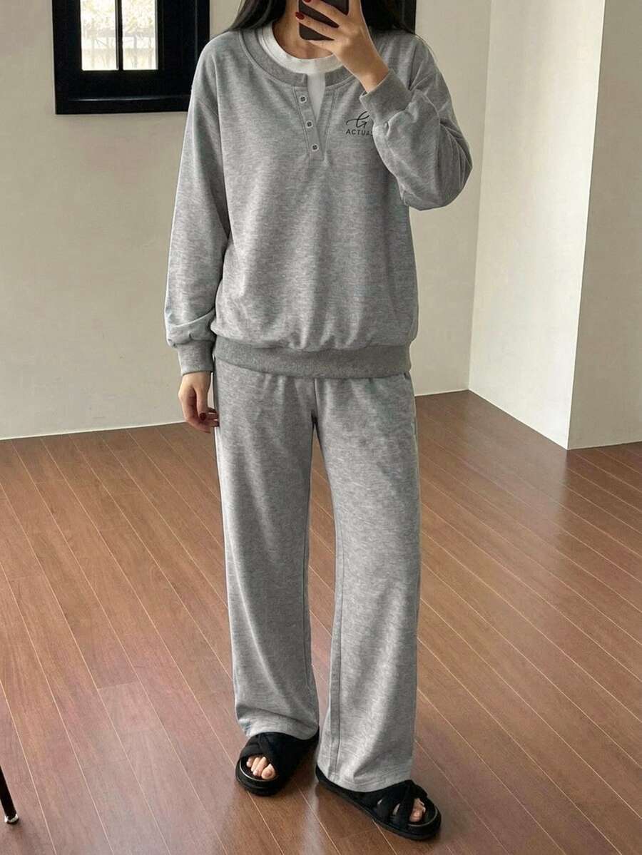 DAZY Colorblock 2 In 1 Drop Shoulder PJ Set Fall - Grey - View 1