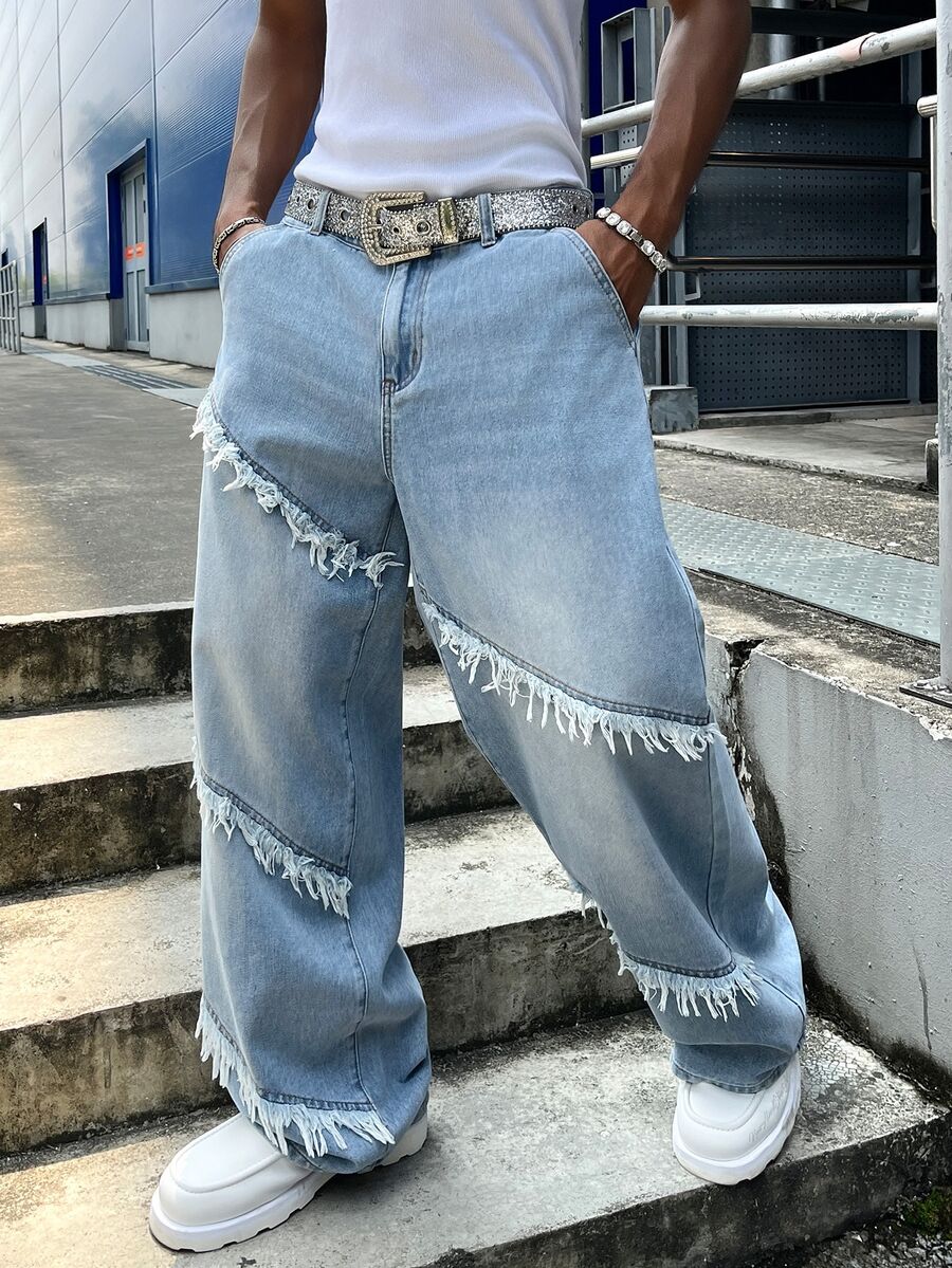 Manfinity EMRG Men Raw Trim Straight Leg Jeans Without Belt - Blue - View 1
