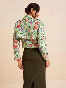 LOTSLUV Women's Mint Green Cropped Drop Shoulder Jacket, Allover Floral Print, Lapel Collar, Zip Front, Western 70's Elegant Autumn Daytime Night Out Party - Multicolor - View 2