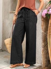 SHEIN PETITE Jeans de pierna ancha con cintura de cordón - Negro - Ver 6