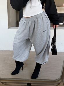 DAZY Letter Graphic Drawstring Hem Sweatpants Summer Gym Black Casual Athleisure - Grey - View 9