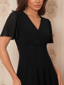 Amorya Surplice Neck Flounce Sleeve Dress - Black - View 3