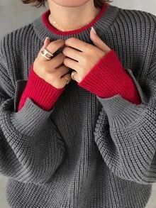 FRIFUL Sweater Kasual Longgar Lengan Panjang Model Bahu Jatuh untuk Wanita di Musim Dingin - Grey - View 1