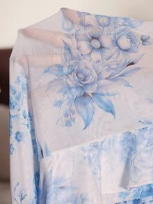Slumberist Minimalist Sexy Blue & White Ink Rose Print Lace Camisole Top With Ruffle Hem And Split Wide Leg Pants 2 Pieces Loungewear Set - Blue - View 7