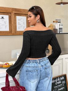 Muchica Plus Size Women's Solid Color Off-Shoulder Long Sleeve Ribbed Asymmetrical Hem T-Shirt Fall - Black - View 2