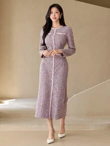 DAZY Gaun Elegan Wanita Lengan Panjang Leher Bulat dengan Kancing untuk Musim Gugur - Purple - View 3