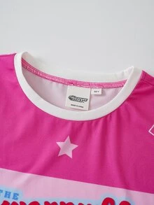THE POWERPUFF GIRLS X SHEIN تي شيرت قصير الأكمام بطبعة كرتونية وحروف كاجوال يومي للفتيات المراهقات - وردي - مشاهدة 3