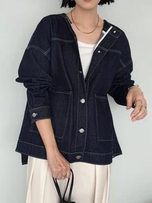 FRIFUL Áo khoác denim vai trễ xếp ly lưng cho mùa thu - Màu xanh lam - Xem 5