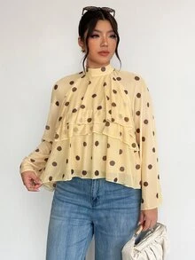 Firerie Plus Dot Allover Print Ruffle Trim Flounce Sleeve Blouse Fall - Yellow - View 4