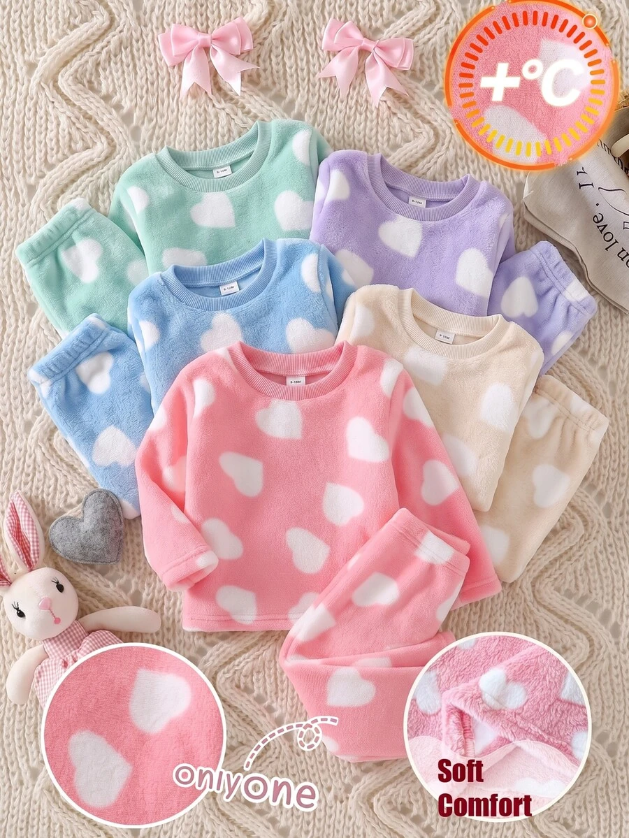 Baby Girl Allover Heart Pattern Soft Comfort Fuzzy Top & Pants Pajamas Set - Baby Pink - View 1