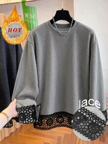 GlowEve CURVE Plus Contrast Lace Drop Shoulder Sweatshirt - Grey - View 1