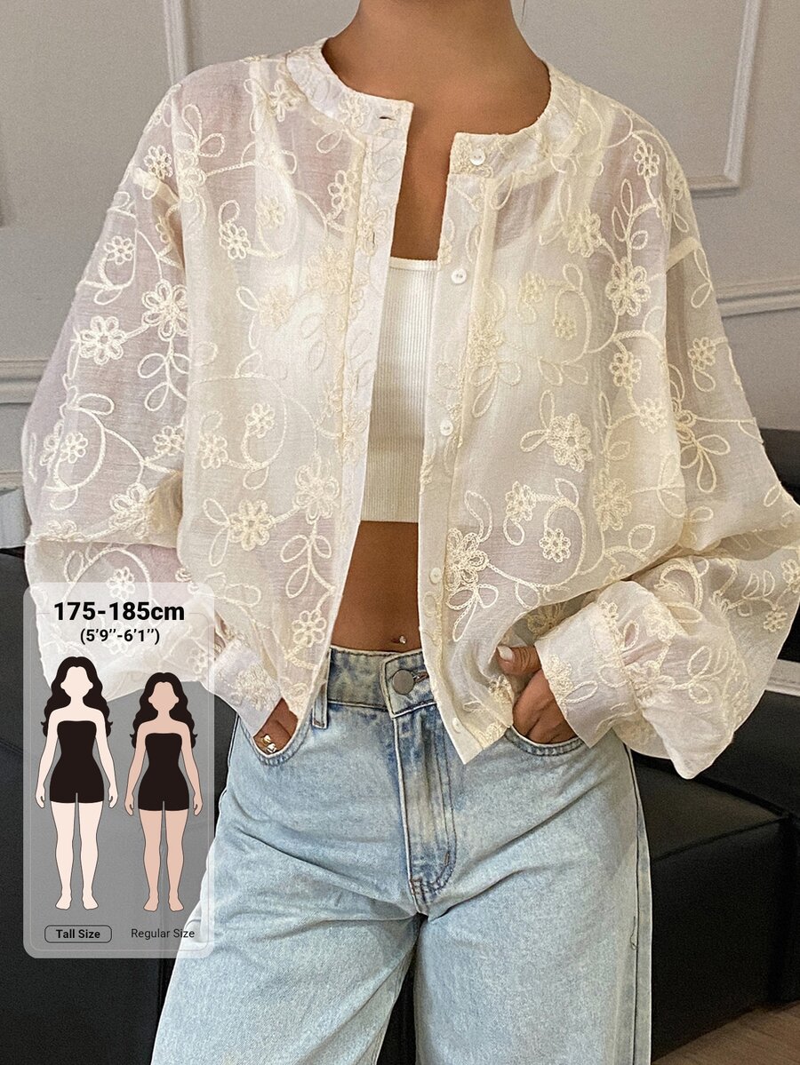 Livesso Tall Women's Round Neck Lace Loose Fit Vacation Style Cardigan - White - View 1