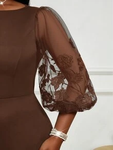 SHEIN Lady Plus Size Elegant Party Floral Embroidered Mesh Patchwork Dress - Brown - View 3