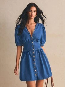 Poéselle 1Pc Button Front Scallop Trim Denim Dress Teacher Outfits For Women - Medium Wash - View 9