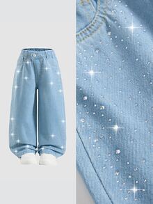 SHEIN Elladie kids 少女彈性腰水鑽裝飾寬腿牛仔褲 - 淺色水洗藍 - 查看 8