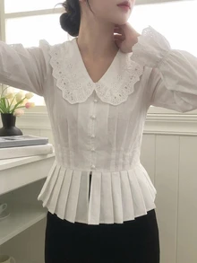 DAZY Solid Schiffy Ruffle Trim Flare Sleeve Pleated Hem Shirt Vacation - White - View 5