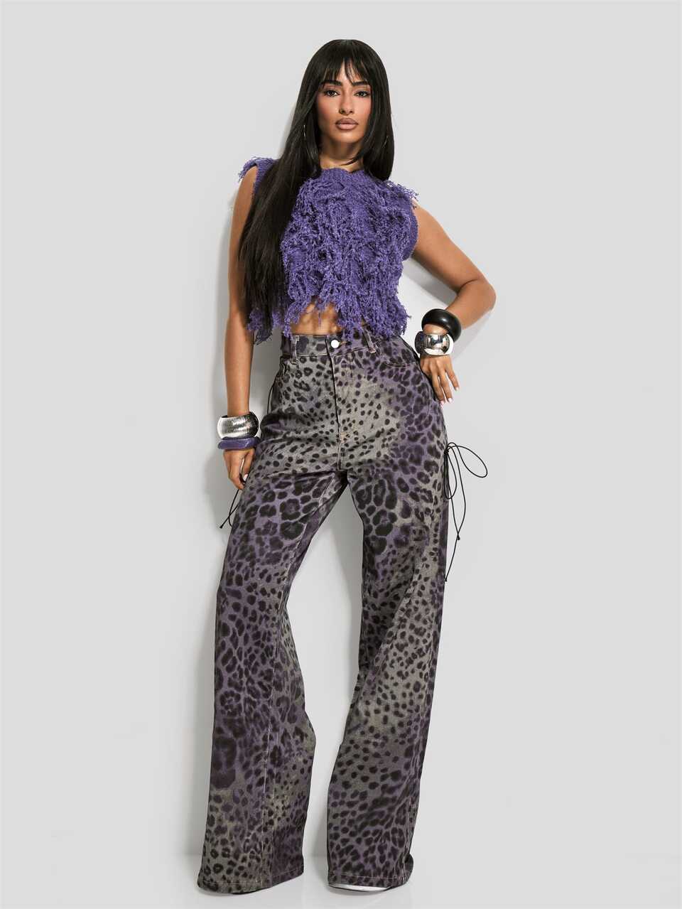 Purple Fur High Neck Tassle Crop Top