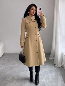 Elenzga 1pc Solid Foldover Collar Button Front Overcoat - Khaki - View 4