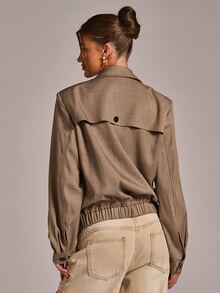 SHEIN BAE Solid Double Breasted Placket Crop Trench Coat - Rust Brown - View 2