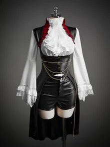 SHEIN ICON Y2K女款萬聖節Cosplay黑色哥德風束腰派對裝，對比色立領長下擺 - 黑色 - 查看 10