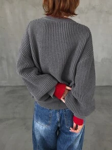 FRIFUL Sweater Kasual Longgar Lengan Panjang Model Bahu Jatuh untuk Wanita di Musim Dingin - Grey - View 2