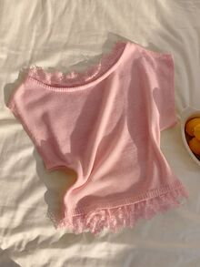 Comfortcana 女款純色蕾絲拼接不對稱領針織上衣 - 粉色 - 查看 3