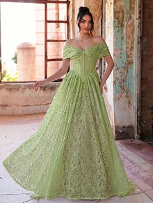 Aureia Elegant Formal Romantic 3D Lace Tube Strapless Bodice With Waist Mesh Sheer Effect, Boning Structure, Oversized A-Line Skirt, Wedding Prom Green Fall - Green - View 8