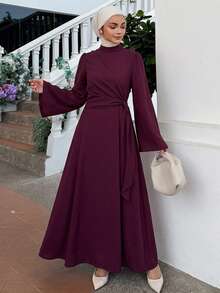 DAZY Women's Elegant Fashion Pleated Waist Long Sleeve Dress Fall - Burgundy - View 3
