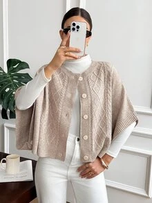 SHEIN Frenchy Cable Knit Batwing Sleeve Cardigan - Apricot - View 1